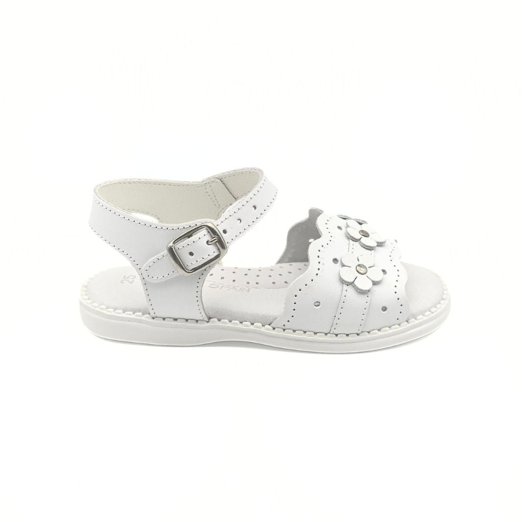 Sandalia de Piel con Flores Blanco